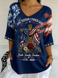 Women'S Independence Day Printed V Neck 3/4 Sleeve Casual Tee