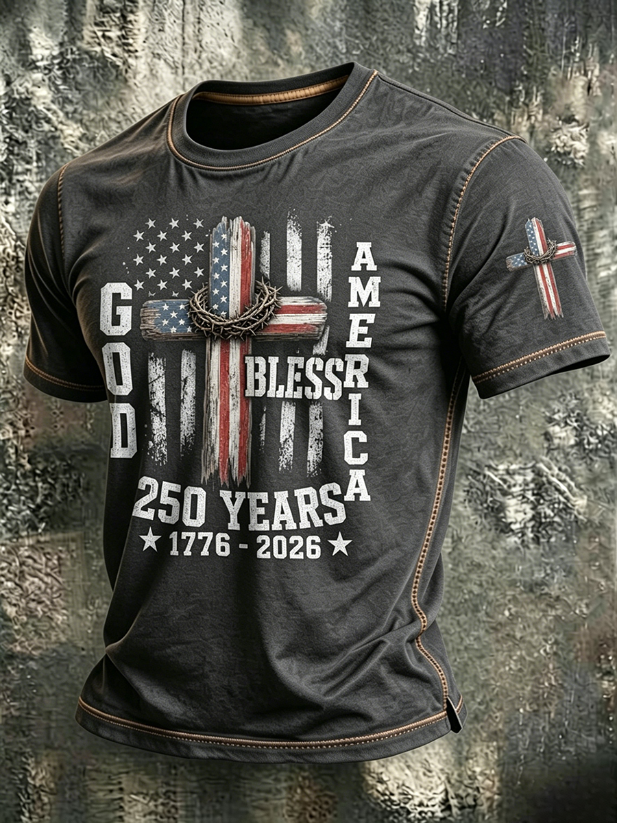 American Flag Faith Printed Round Neck T-shirt