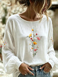 Women's Flower Cross Printed Casual Cotton and Linen Top