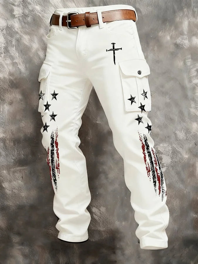 Men'S Casual American Flag Faith Cross Personalized Printed Workwear Pants
