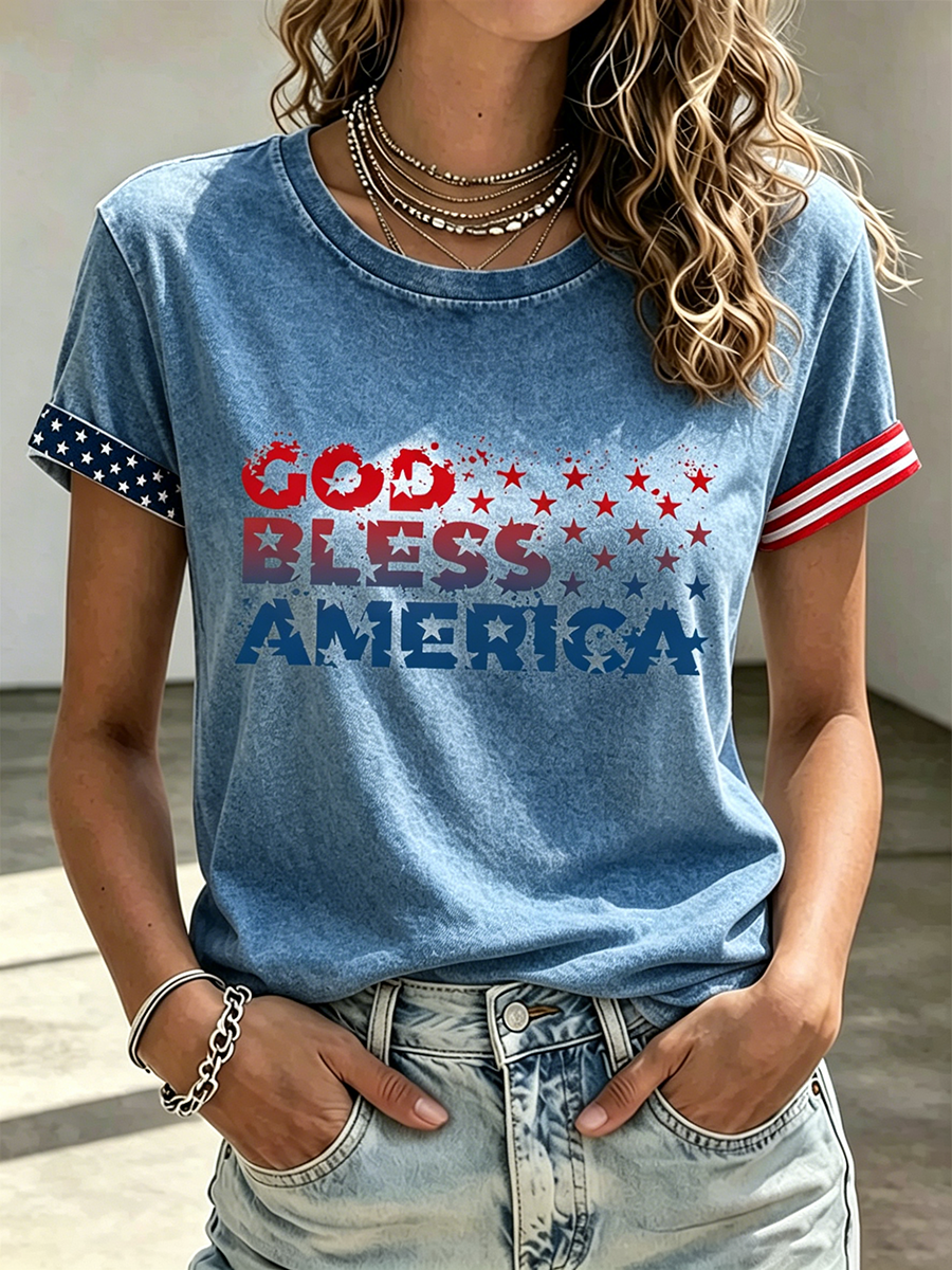 God Bless America Faith Commemorative Printed Casual T-Shirt