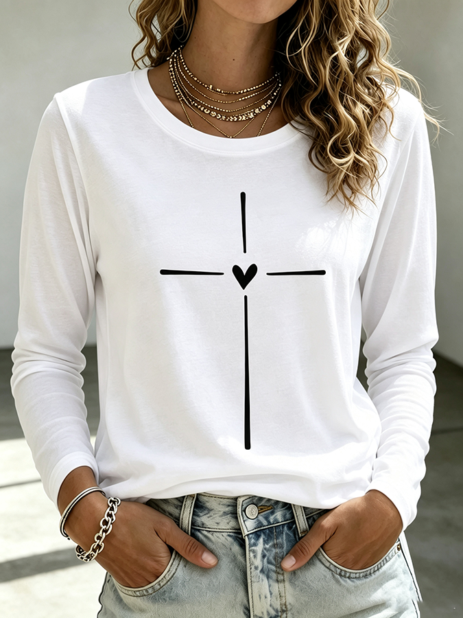 Women's Faith Cross Print Long Sleeve Casual Tee