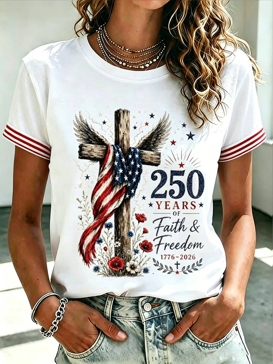 Women's American 250 Flag Combined with Faith Printed T-shirt