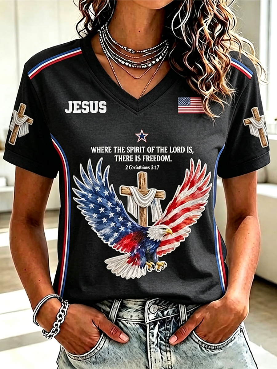 250Th Anniversary Faith Glitter Printed V-Neck Short Sleeved T-Shirt In The United States