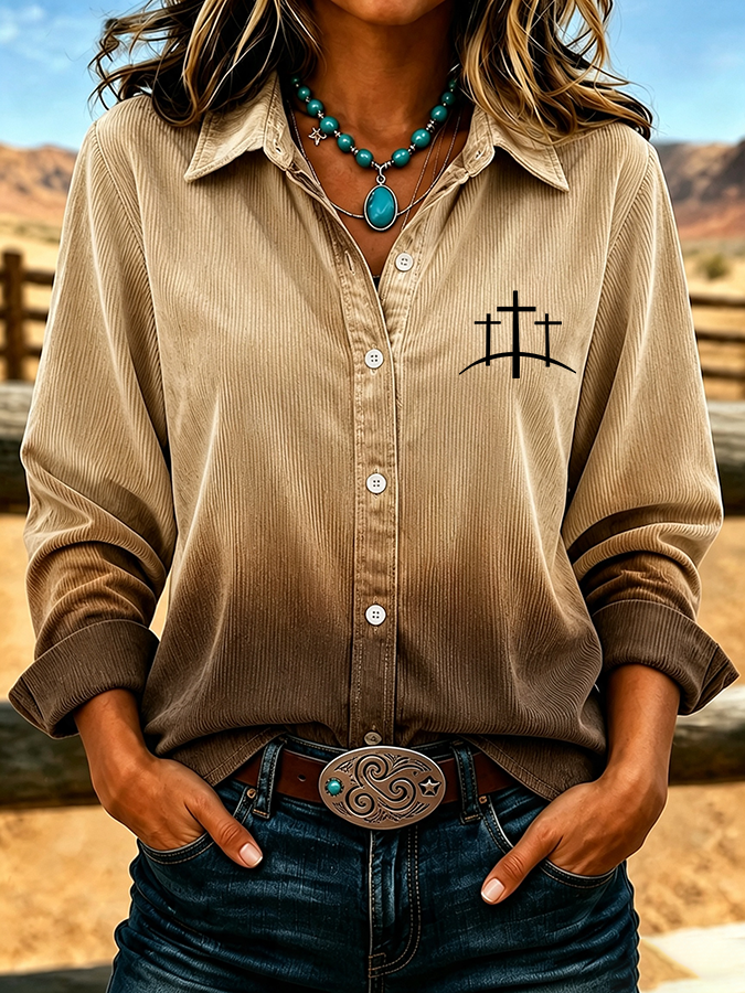 Women'S Retro Western Cross Corduroy Button Up Shirt