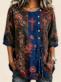 Women's Cross Floral Print Tie Waist Western Christian Blouse
