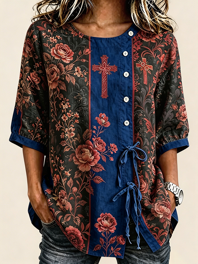 Women's Cross Floral Print Tie Waist Western Christian Blouse
