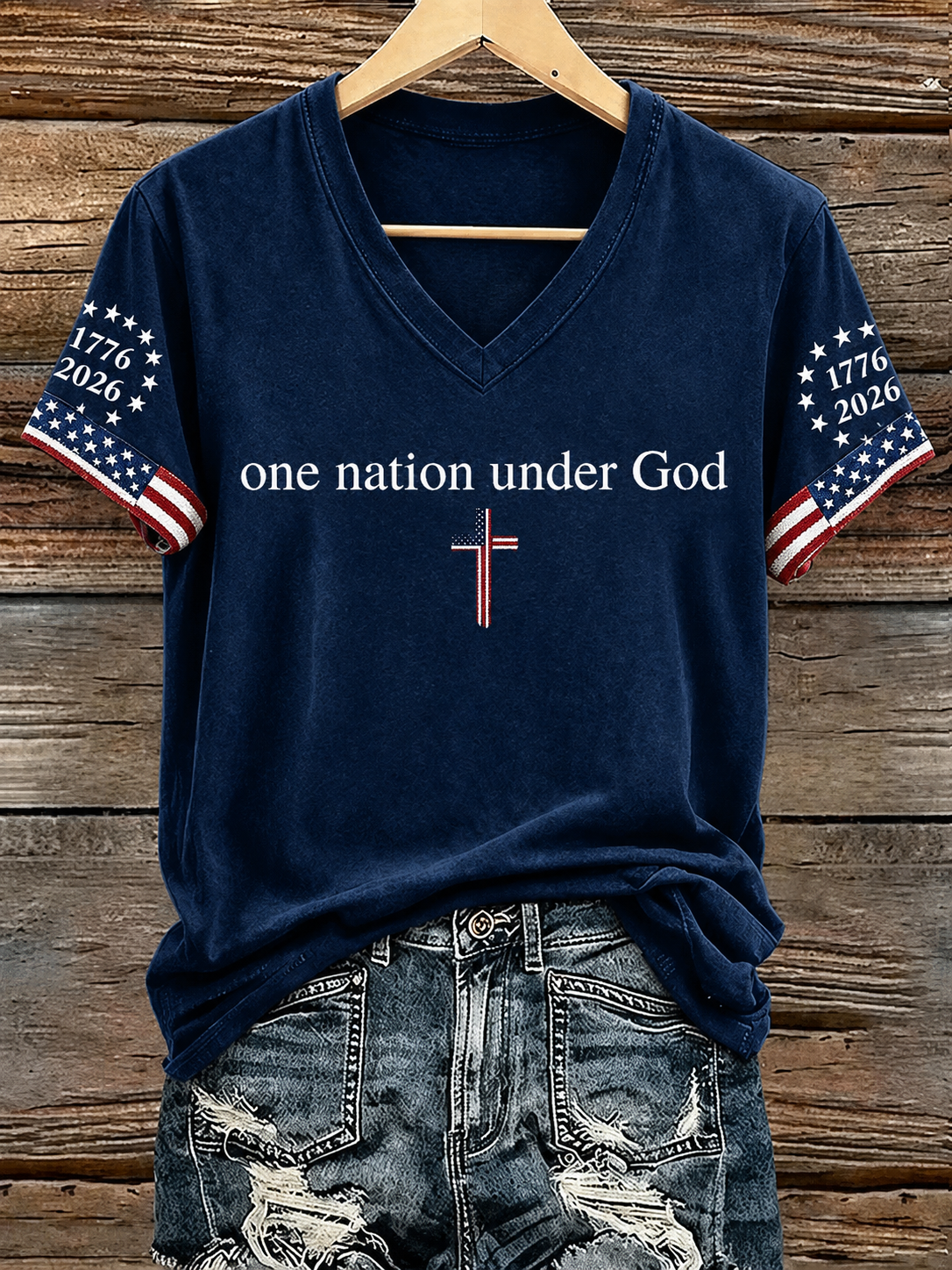 Women's One Nation Under God USA 250th Anniversary Print V Neck T-shirt