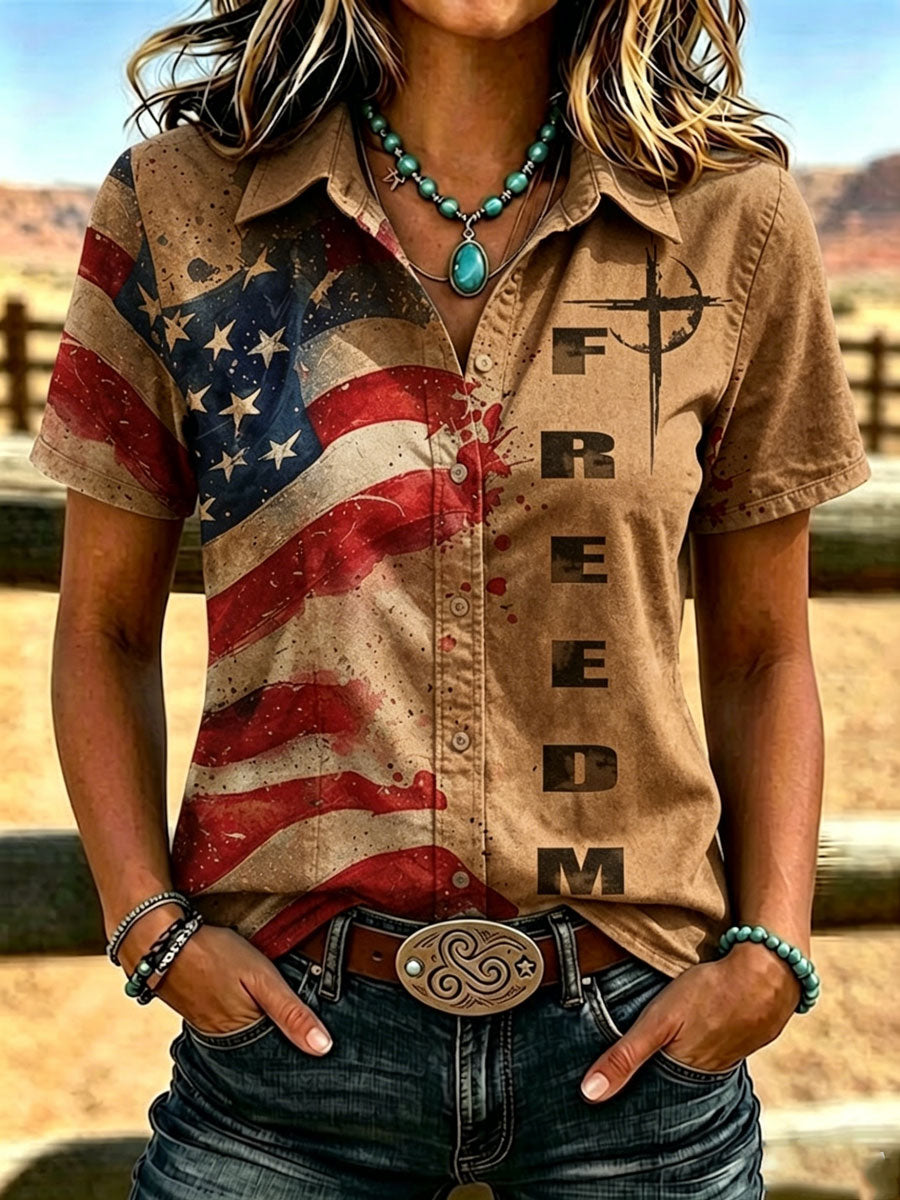 Women's Western-Style Casual Shirt with Faith and Flag Print
