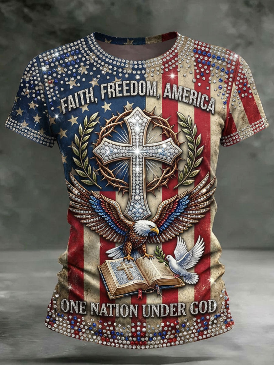 Women'S One Nation Under God American Flag Eagle & Cross Art Print Casual T-Shirt