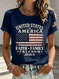 American Flag Jesus Faith Commemorative Print Round Neck T-Shirt