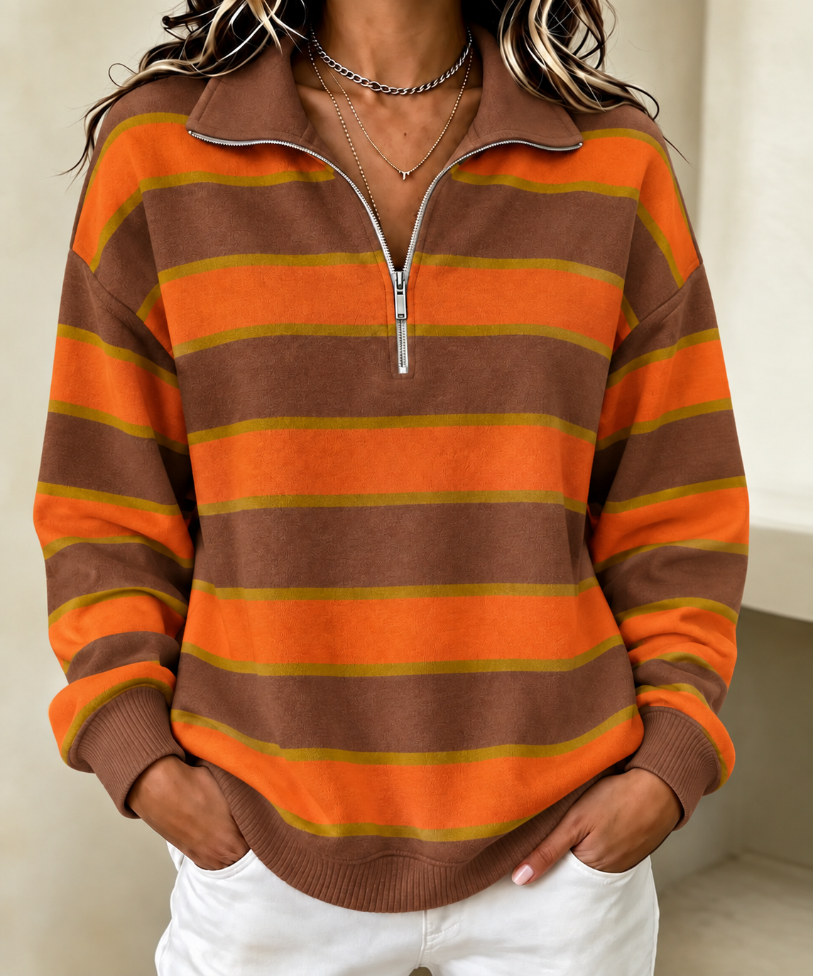 Women's Casual Striped Zip-Up Sweatshirt