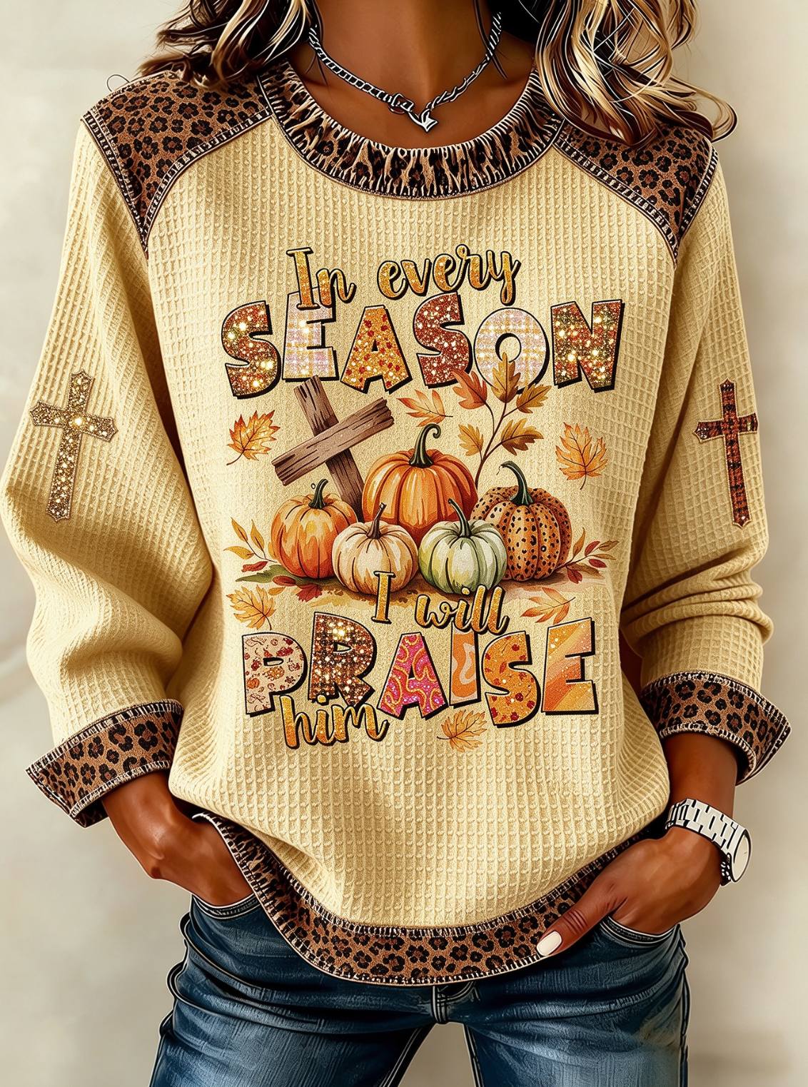 Women in Every Season I Will Praise Him Fall Leopard Sweatshirt