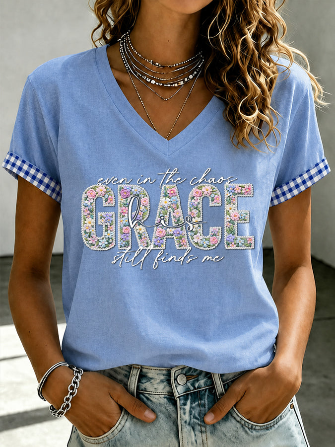 Women'S Preppy Even In The Chaos His Grace Finds MePrint Printed T-Shirt