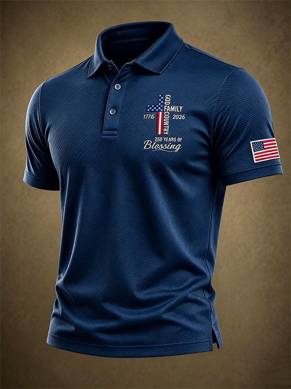 Men's God Family Country Flag Cross Embroidered Polo Shirt