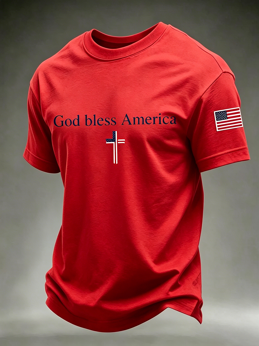 God Bles America Faith Cross Commemorative Printed Round Neck T-Shirt