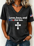 Women'S Loves Jesus and America Too Print Printed T-Shirt