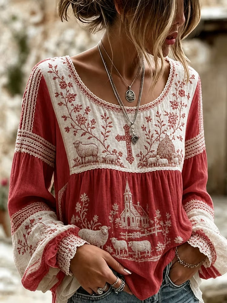Women's Retro Sheep Floral Cross Cotton Linen Long-sleeve T-shirt