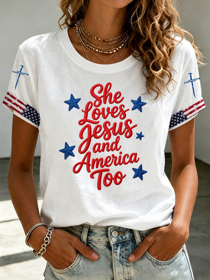Women's Love for Jesus and American Cross Embroidery Short Sleeve T-shirt