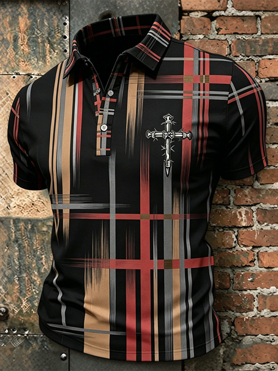 Men's Nail Cross Plaid Print Short Sleeve Polo Shirt