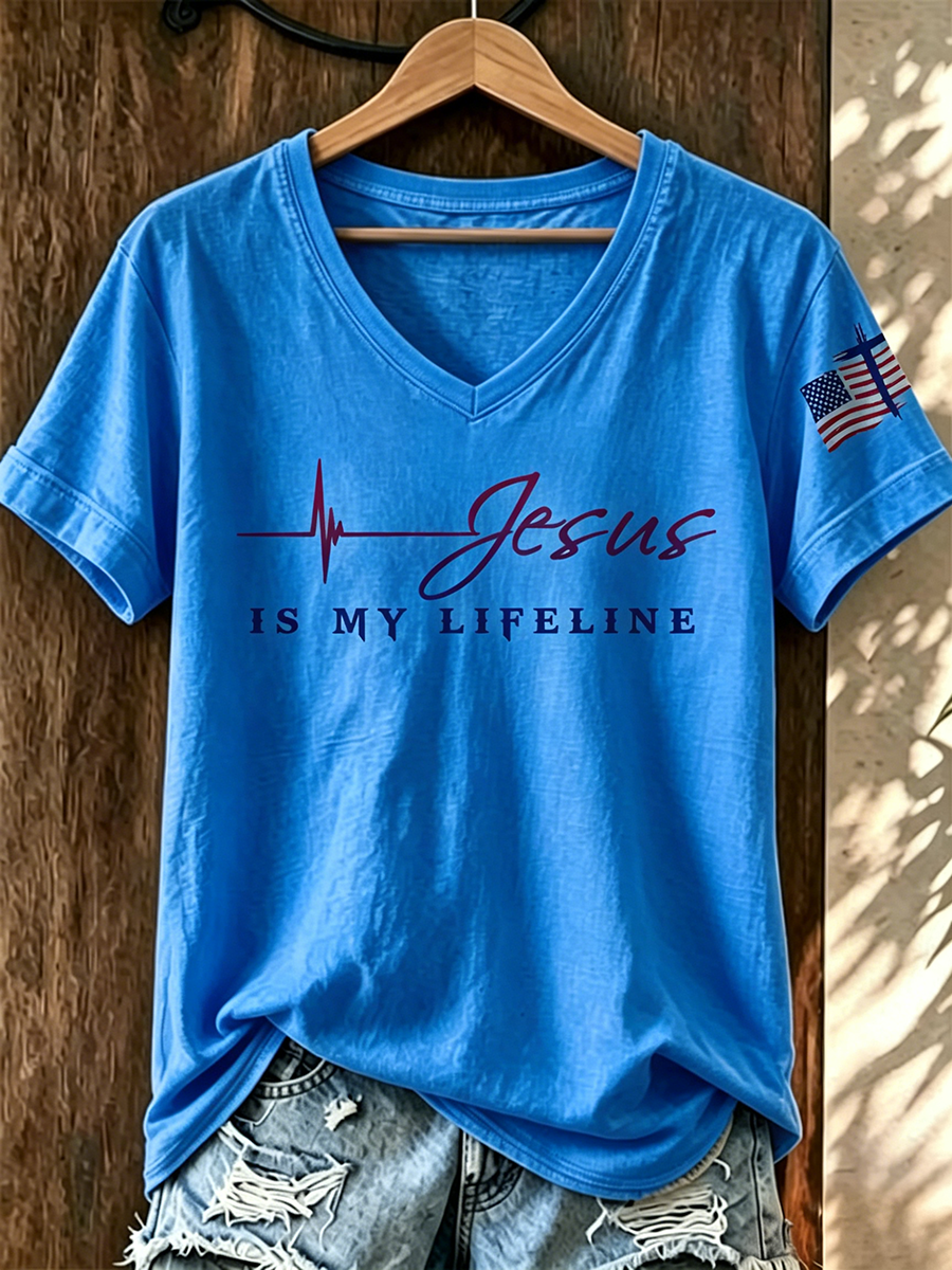 American Flag Faith Cross Commemorative Print V-neck Top