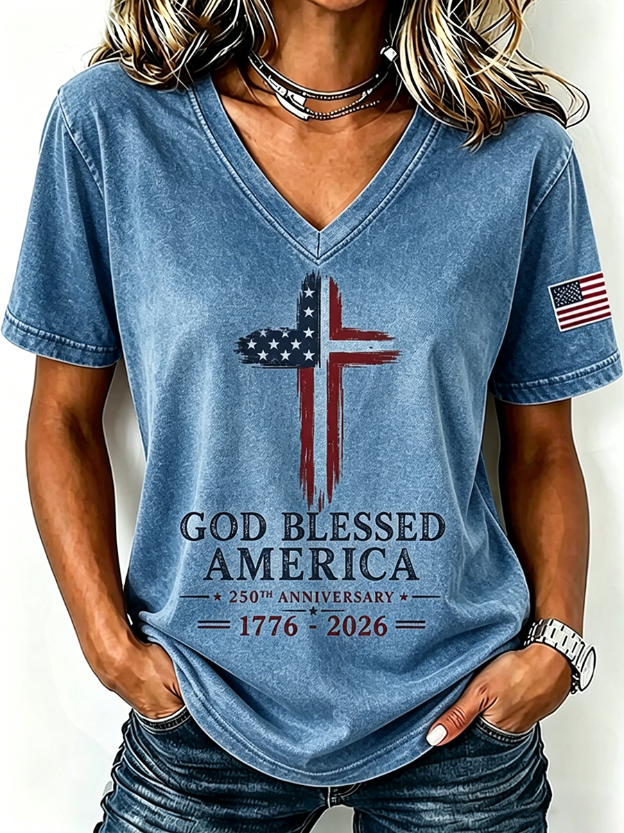 God Blessed America Commemorative Print V-Neck T-Shirt