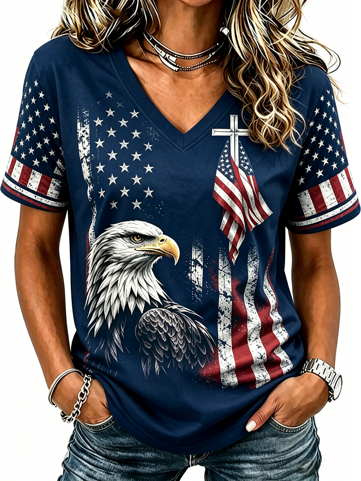American Cross Flag Commemorative Print V-Neck Top