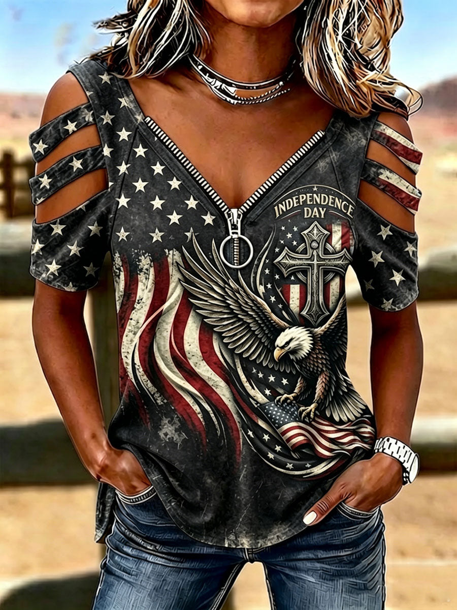 Female Casual Hollowed Out Patriotic T-Shirt