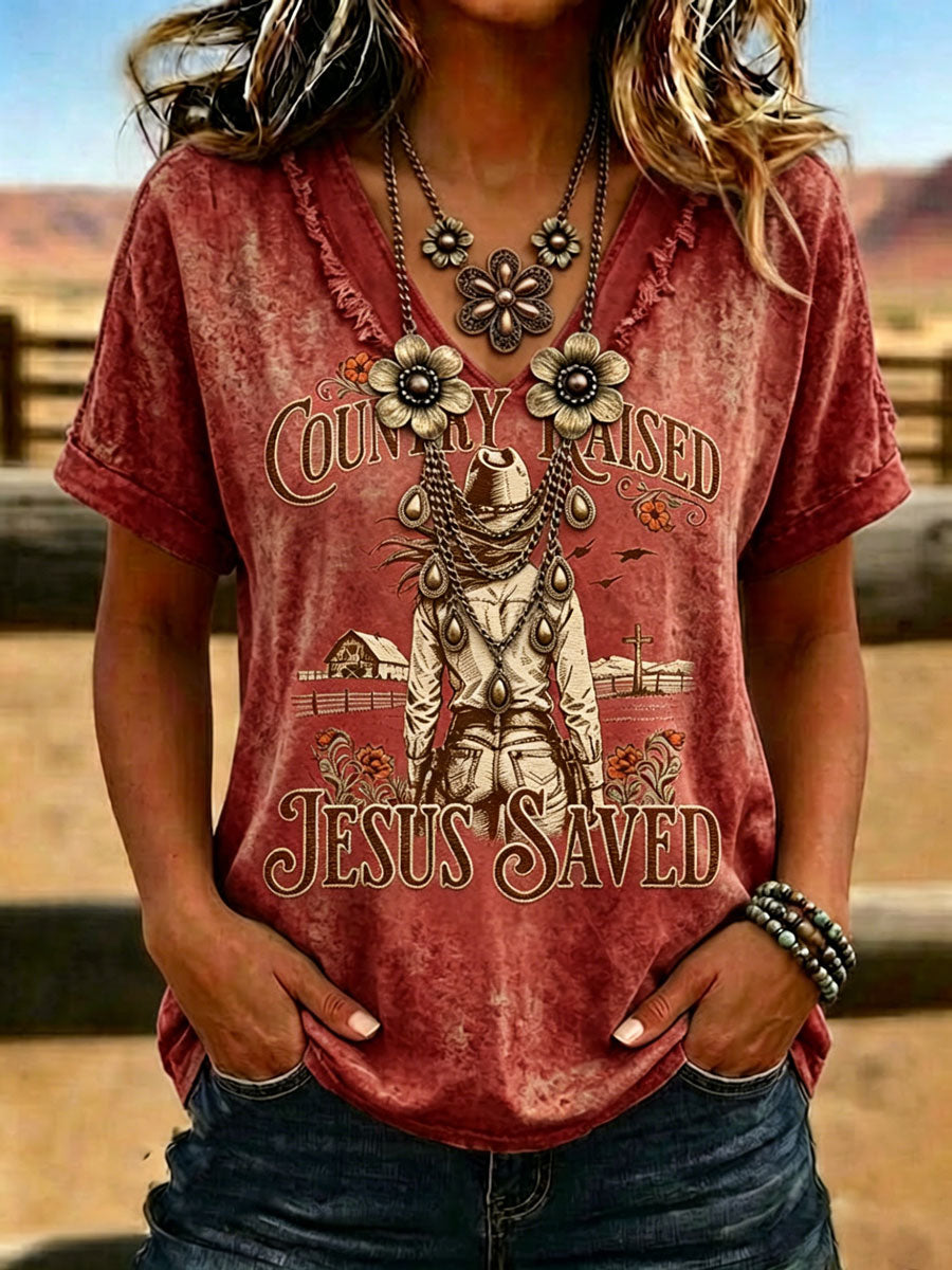 Women'S Western-Style Retro Faith Print V-Neck T-Shirt
