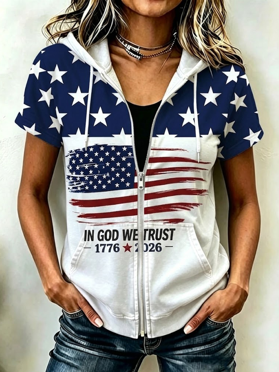 Women'S Casual Flag Summer Short Sleeved Hooded Top