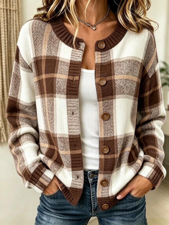 Women'S Casual Checkered Printed Knitted Cardigan