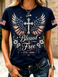 American Flag Faith Cross Commemorative Print Round Neck T-Shirt