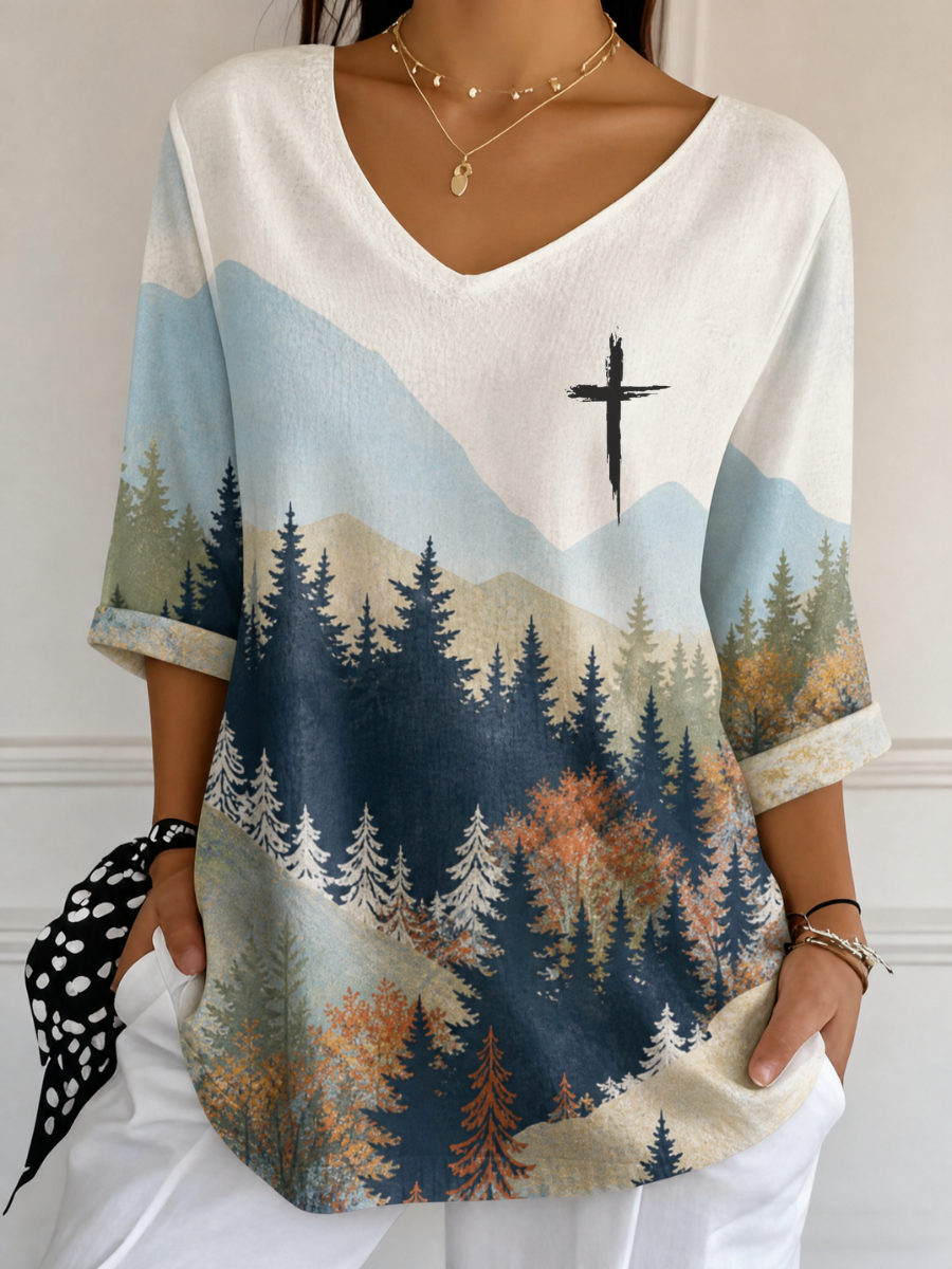 Women's Natural Scenery Faith V Neck 3/4 Sleeve Casual Tee