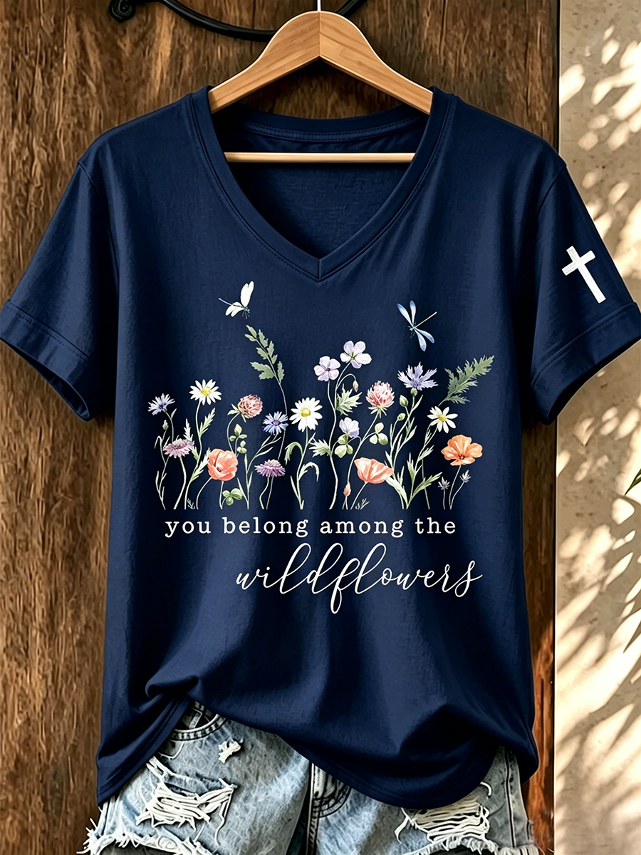 Faith In Jesus Slogan Commemorative Print V-Neck T-Shirt