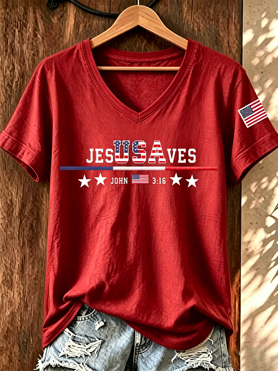 American Faith Jesus Cross Commemorative Print V-Neck T-Shirt