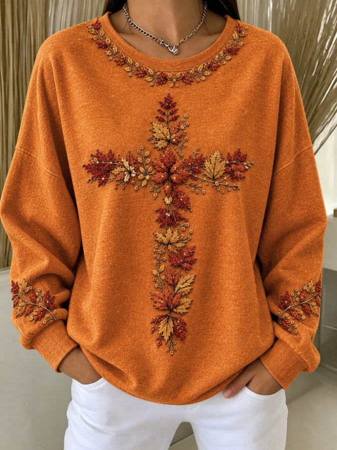 Women Maple Leaf Crew Neck Casual Spring/Fall Long Sleeve Sweatshirt