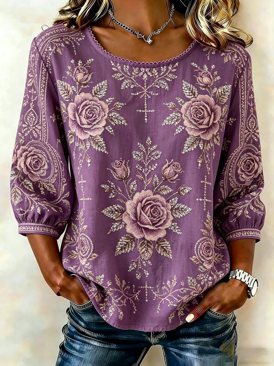 Women's Vintage Rose and Rhinestone Pattern Linen Shirt