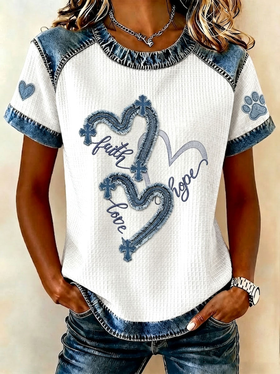 Women'S Cat Paw Print Love Cross Pattern Short Sleeved Shirt