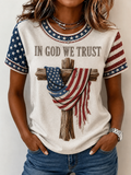 Women's In God We Trust American Flag Wooden Cross Embroidery Star Stripe Color Block Short Sleeve T-Shirt