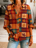 Women'S Paid Printed Lapel Long Sleeved Shirt