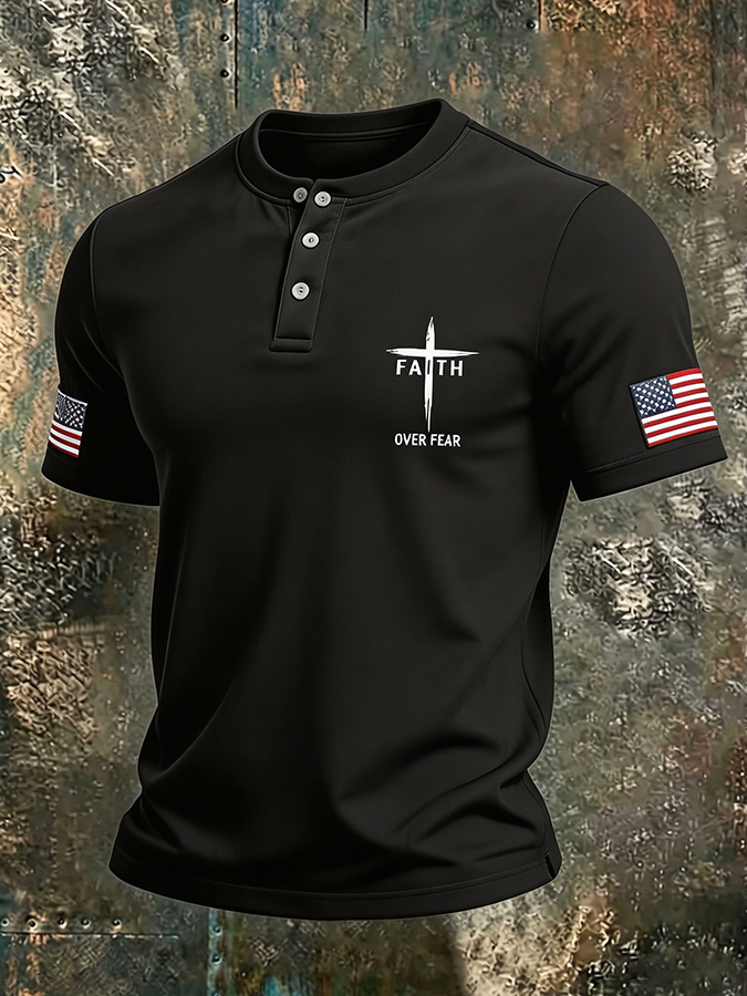 Men's Faith Over Fear American Flag Christian Henley Shirt