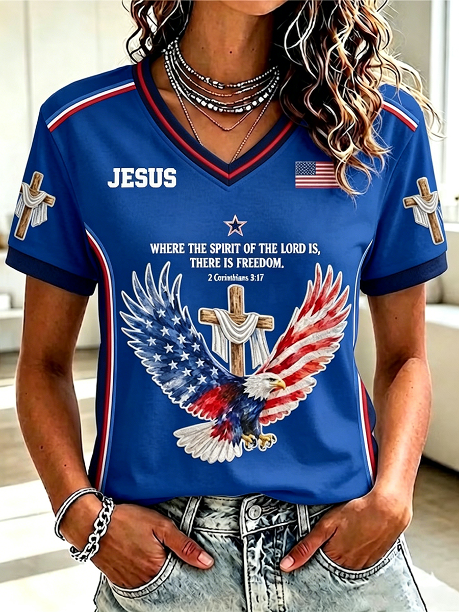 250Th Anniversary Faith Glitter Printed V-Neck Short Sleeved T-Shirt In The United States