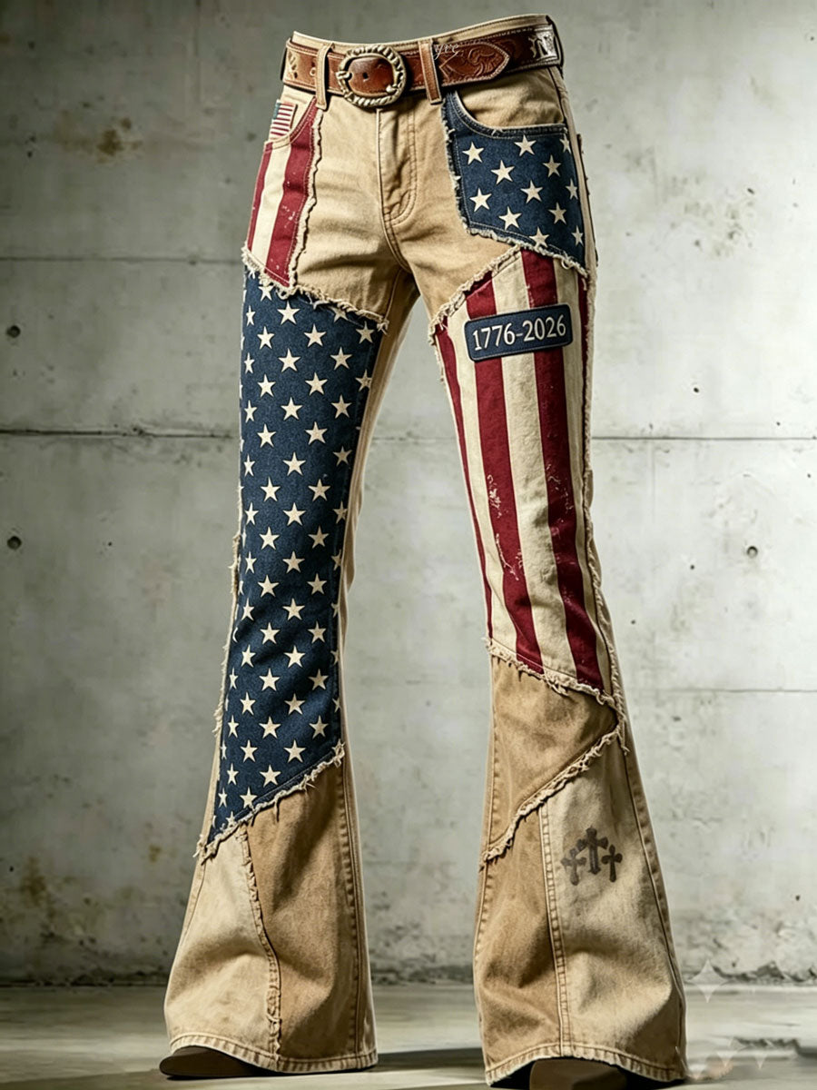 Ladies' American Flag Pattern Cross Printed Trumpet Pants
