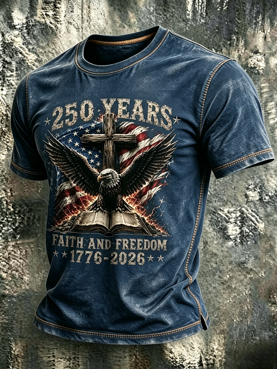 American Anniversary Celebration Commemorative Faith Printed Round Neck T-Shirt