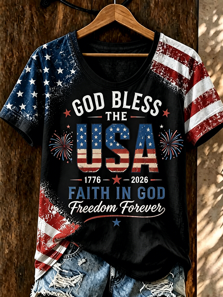 Women'S God Bless The USA 1776-2026 Faith In God Freedom Forever Vintage American Flag T-Shirt