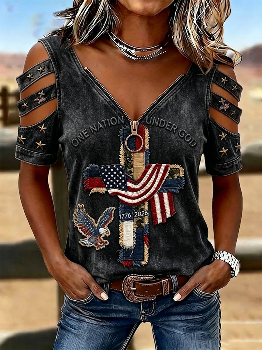Female Casual Hollowed Out Patriotic T-Shirt