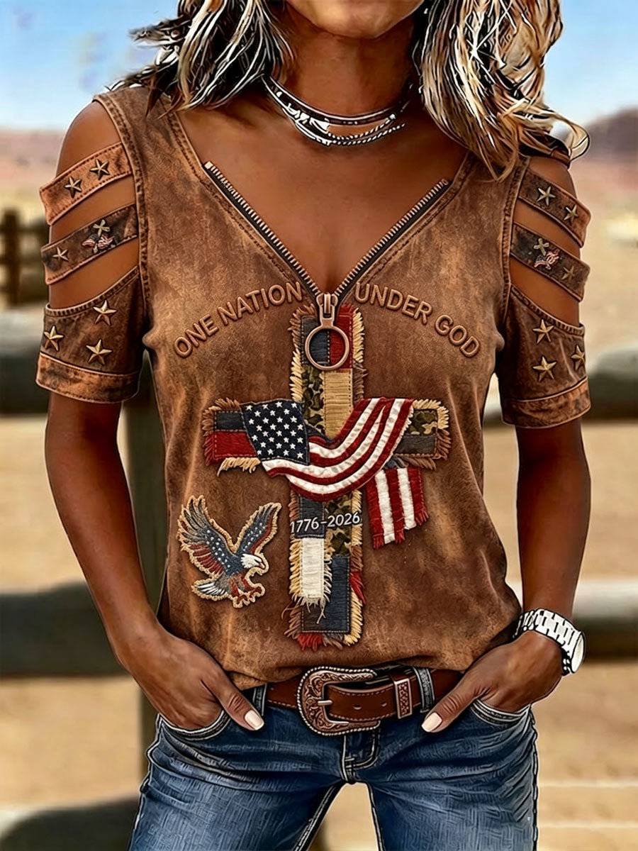Female Casual Hollowed Out Patriotic T-Shirt
