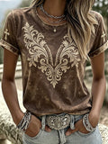 Women's Western style retro floral print casual T-shirt