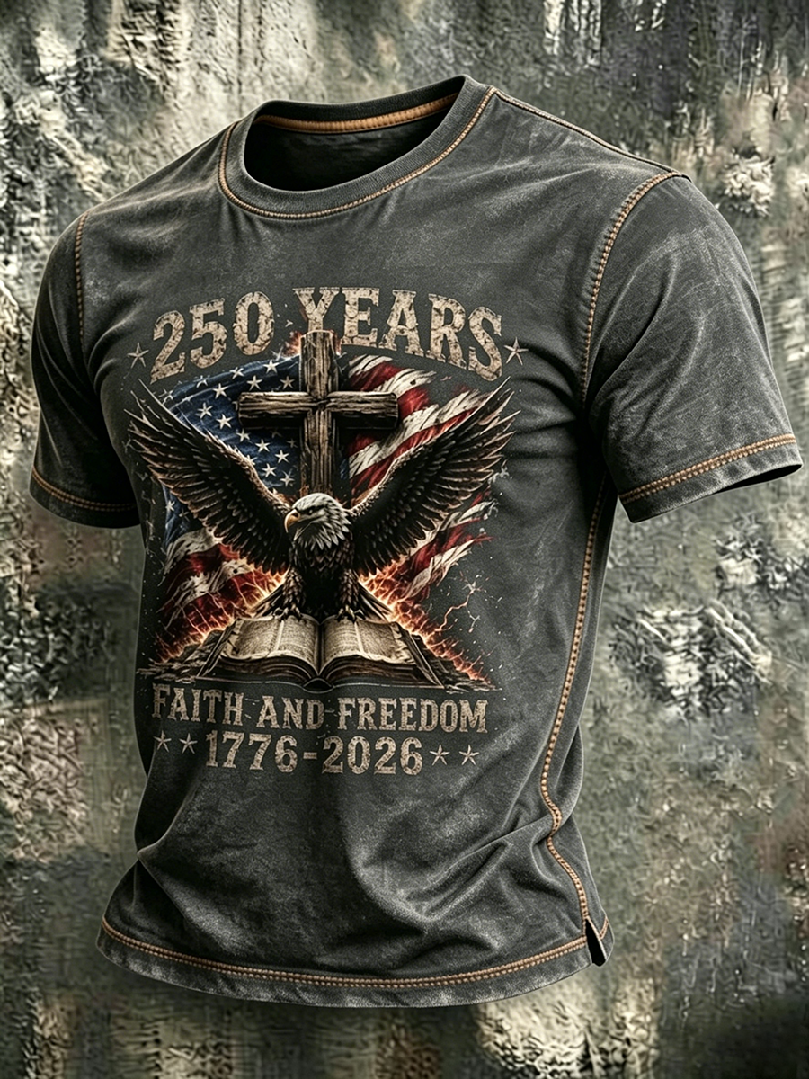 American Anniversary Celebration Commemorative Faith Printed Round Neck T-Shirt