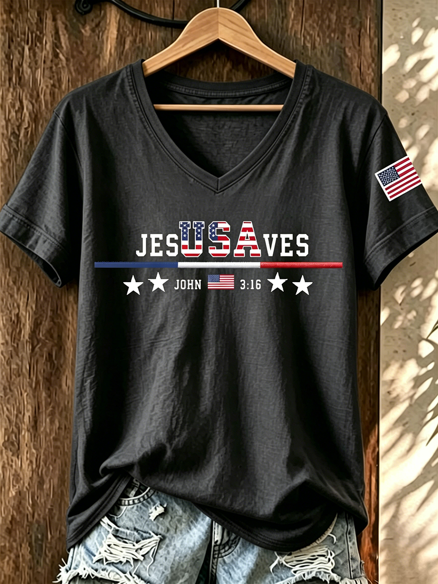 American Faith Jesus Cross Commemorative Print V-Neck T-Shirt